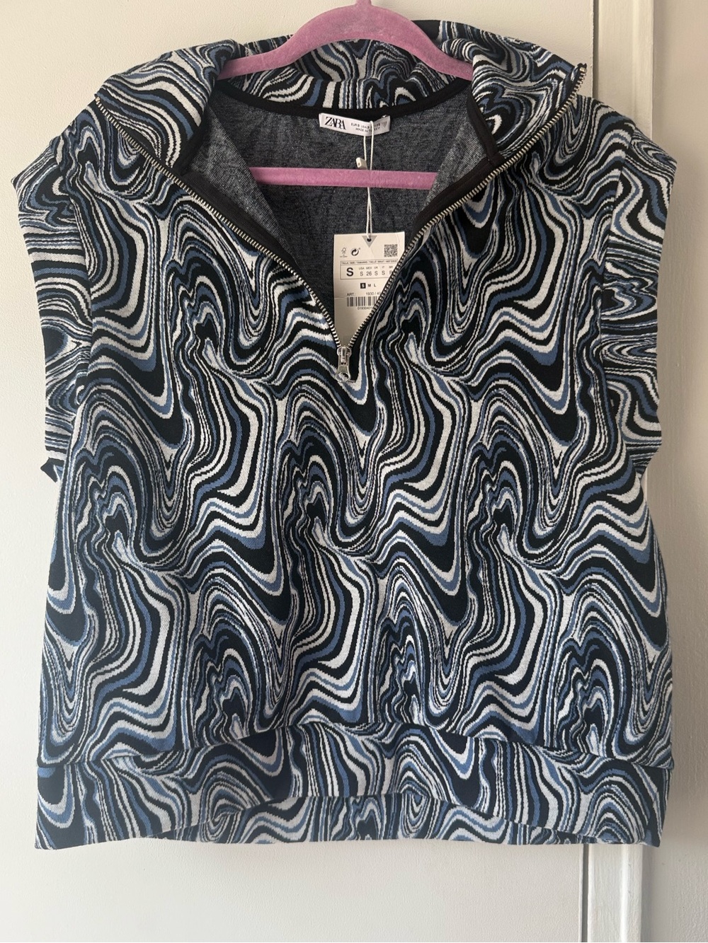 NWT Zara Swirl Pattern Short Sleeve Zip Up Sweater Vest Blue White Small $50